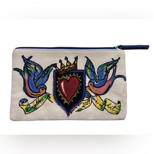 BRIGHTON 2019 Canvas Cosmetic Zipper Bag Love Of Art Bird Heart Crown 9”x 5.5”